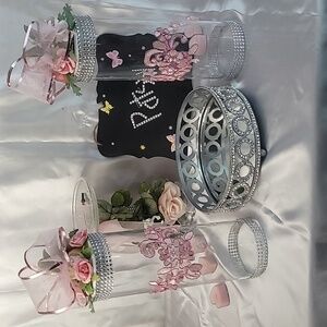 Elegant Pink Floral Glass Jars with Silver Accents